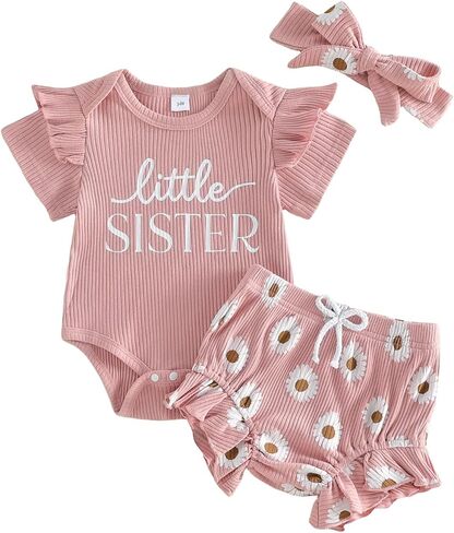 Sejardin Infant Baby Girl Summer Clothes Ribbed Short Sleeve Letter Romper + Daisy Print Shorts + Headband Newborn Outfit in Kuwait