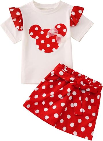CM C&M WODRO Toddler Baby Girl Outfit Kid Cute Bow Short Sleeve Shirt Tops Polka Dots Shorts with Belt Kid Summer Clothes Set in Kuwait