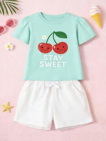 Toddler Girls Outfit Cotton Sleeve T-Shirt with Cute Cherry Print & Cotton Blend Shorts Set for 2-7 Years Old in Kuwait