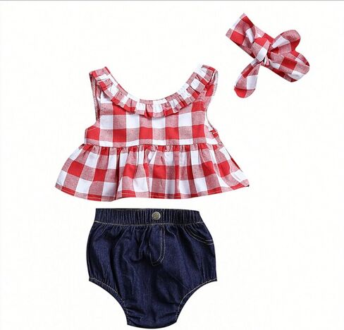 Baby Girl Clothes Sets Plaid Sleeveless Top Denim Shorts Headband Toddler Girl Summer Outfits in Kuwait