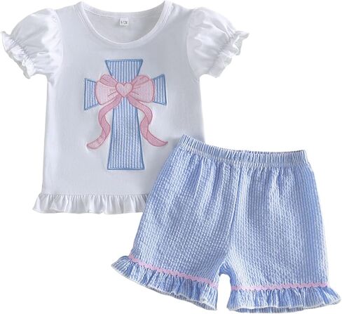 Lamuusaa Baby Girl Clothes Bubble Sleeve Embroidery T-shirt Tops Ruffle Stripe Shorts 2Pcs Toddler Girl Summer Outfit in Saudi Arabia