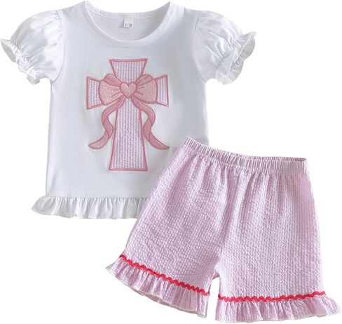 Lamuusaa Baby Girl Clothes Bubble Sleeve Embroidery T-shirt Tops Ruffle Stripe Shorts 2Pcs Toddler Girl Summer Outfit in Saudi Arabia
