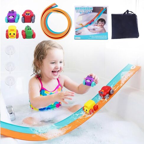 Resosese Race Car Bath Toys Set, 8-Piece Extra Long Flexible Bathtub Track Set with 4 Mini Cars, Suction Cups & Mesh Storage Bag, DIY Water Slide Toy Gift for Boys Girls Ages 3+ in Kuwait