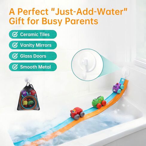 Resosese Race Car Bath Toys Set, 8-Piece Extra Long Flexible Bathtub Track Set with 4 Mini Cars, Suction Cups & Mesh Storage Bag, DIY Water Slide Toy Gift for Boys Girls Ages 3+ in Kuwait
