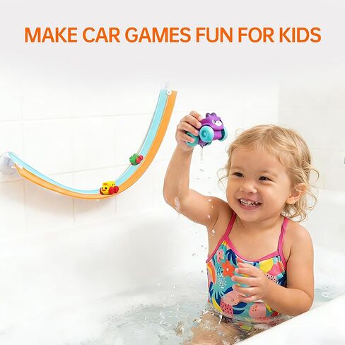 Resosese Race Car Bath Toys Set, 8-Piece Extra Long Flexible Bathtub Track Set with 4 Mini Cars, Suction Cups & Mesh Storage Bag, DIY Water Slide Toy Gift for Boys Girls Ages 3+ in Kuwait