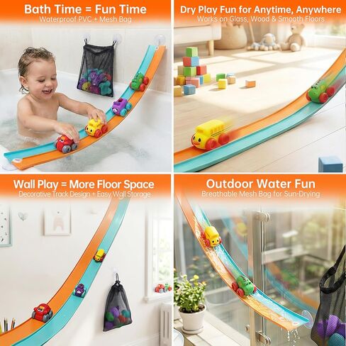 Resosese Race Car Bath Toys Set, 8-Piece Extra Long Flexible Bathtub Track Set with 4 Mini Cars, Suction Cups & Mesh Storage Bag, DIY Water Slide Toy Gift for Boys Girls Ages 3+ in Kuwait