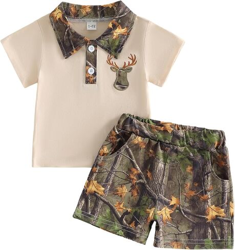 Toddler Baby Boy Summer Outfit Mallard Duck Deer Hunting Button Collared Short Sleeve Shirt Camo Shorts Clothes Set in Saudi Arabia