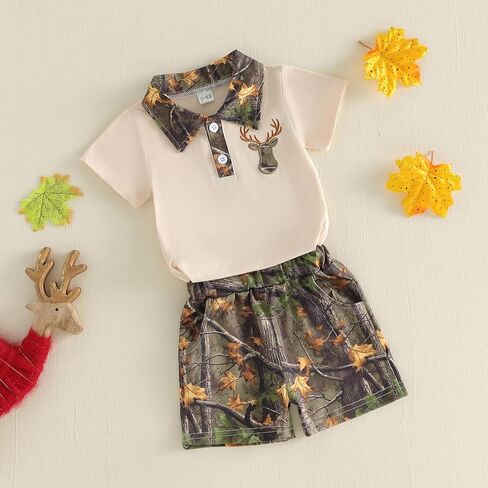 Toddler Baby Boy Summer Outfit Mallard Duck Deer Hunting Button Collared Short Sleeve Shirt Camo Shorts Clothes Set in Saudi Arabia