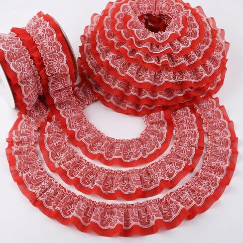 GXTIZAS LACE-RICK RIBBON مزدوج الطبقة مطوية شيفون 6 سم عريض الدانتيل مرنة الخالية من التجاعيد محاصر للخياطة DIY ، والملابس ، وسادة الديكور ، وردة أحمر (5 أيام) in Saudi Arabia
