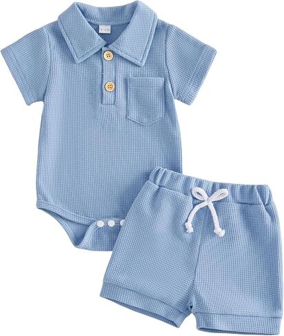 Baby Boy Summer Outfits Waffle Solid Color Lapel Neck Short Sleeve Romper Shorts Set Infant Casual Clothes 2 Piece in Kuwait