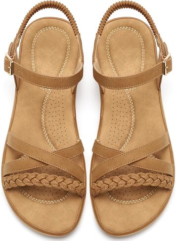 Aomigoct Womens Comfortable Flat Sandals: Slip-On Design & Lightweight for Casual Outings - Cushion Footbed & Adjustable Ankle Strap for Confidence in All-Day Walking - Style-Comfort Seekers in Kuwait