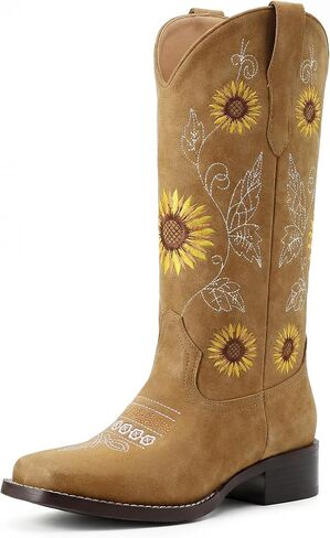 Cowboy Boots for Women Square Toe Cowgirl Boots Chunky Heel Mid Calf Sunflower Embroidered Western Pull On Comfortable Retro Stylish Riding Boots in Kuwait