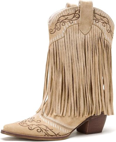 Cozivwaiy Women's Fringe Western Boots Mid Calf With Tassel Cowboy Boot Mid Chunky Heel Pointed Toe Cowgirl Boots Country Music Festival in Kuwait