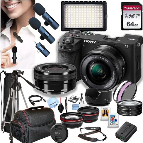 Sony a6700 Mirrorless Camera with 16-50mm Lens + 64GB Memory,Wireless Lavalier Microphones, 126 LED Light, Filters,Case, Tripod, and More (34pc Bundle) in Kuwait