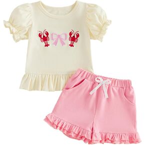Toddler Baby Girl Summer Outfit Ocean Animal Embroidery Short Sleeve T Shirt Ruffle Shorts 2 Piece Sea Life Clothes in Kuwait