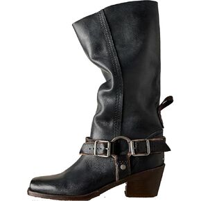 Arqa Women's Double Buckle Cowboy Boots Squared Toe Pull on Knee High Boots Fashionable Stacked Chunky Heels Booties in Kuwait