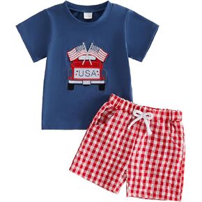 4th of July Toddler Boy Outfits America Flag Letter Embroidery Short Sleeve Patriotic T Shirt and Shorts Set in Kuwait