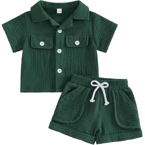 Baby Boys Button Down Shirt Tops + Shorts Infant Toddler Summer Outfit 2Pieces Cotton Gauze Clothes with Pockets in Saudi Arabia