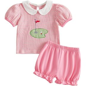 Toddler Baby Girl Golf Outfit Embroidery Stripe Short Sleeve Collared T Shirt Ruffle Shorts Set 2Pcs Summer Clothes in Saudi Arabia