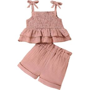 VARMILO Toddler Girl 2 Piece Outfit Set,Ruffle Crinkle Cami Top with Bow Straps and Roll-Up Shorts for Summer Casual Playwear in Saudi Arabia