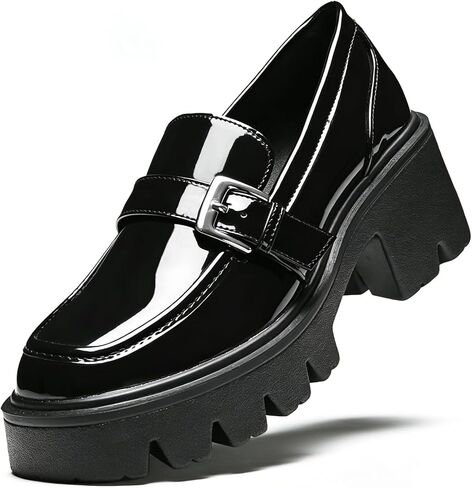 Black Platform Loafers for Women - Comfortable Chunky Heel Patent Leather Classic Casual Shoes for Dressy and Office Wear in Kuwait