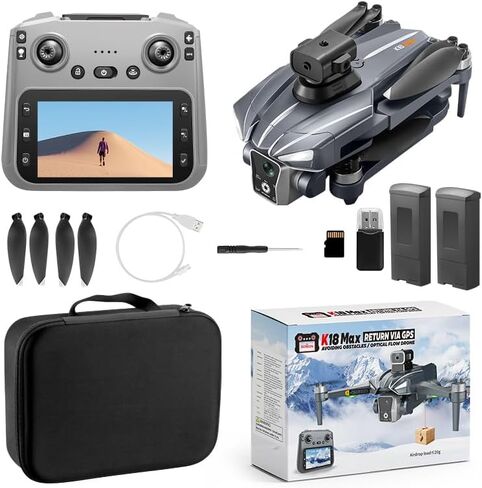 طائرات بدون طيار K18 GPS مع كاميرا للبالغين 4K، طائرة بدون طيار RC مع شاشة HD 4.5 بوصة على وحدة التحكم، وقت طيران 60 دقيقة، نقل طويل المدى، تجنب العوائق، اتبعني، إرجاع تلقائي، محرك بدون فرش، أقل من 249 جرام، طائرة كوادكوبتر خفيفة الوزن وقابلة للطي للمبتدئ in Kuwait
