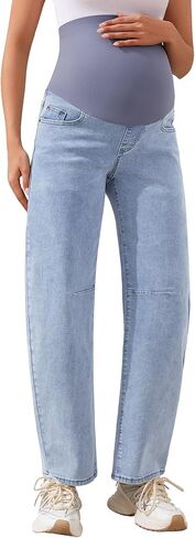 AMPOSH Women's Maternity Barrel Jeans – Over Belly Stretch Baggy Pregnancy Denim Pants for Work Casual Mid to Late Pregnancy in Saudi Arabia