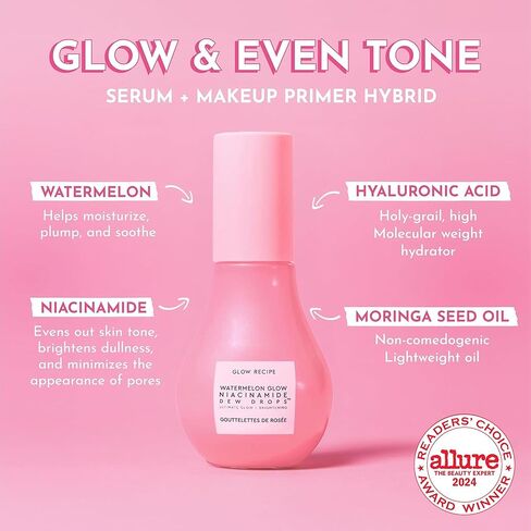 Glow Recipe قطرات ندى النياسيناميد بالبطيخ، قطرات مصل النياسيناميد الكوري، مصل الوجه المرطب + برايمر وهايلايتر سائل، حمض الهيالورونيك، توهج ديوي (40 مل) in Kuwait
