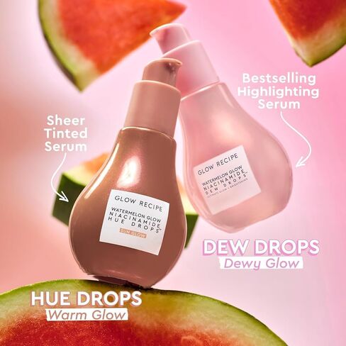 Glow Recipe قطرات ندى النياسيناميد بالبطيخ، قطرات مصل النياسيناميد الكوري، مصل الوجه المرطب + برايمر وهايلايتر سائل، حمض الهيالورونيك، توهج ديوي (40 مل) in Kuwait