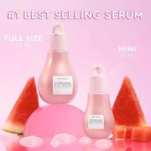 Glow Recipe قطرات ندى النياسيناميد بالبطيخ، قطرات مصل النياسيناميد الكوري، مصل الوجه المرطب + برايمر وهايلايتر سائل، حمض الهيالورونيك، توهج ديوي (40 مل) in Kuwait