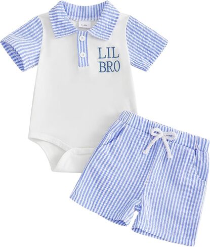 Big Bro Little Bro Matching Outfits Striped Letter Embroidery Short Sleeve Romper/Shirt Shorts Summer Clothes Set in Saudi Arabia