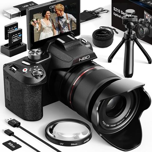 كاميرات رقمية NBD 8K للتصوير الفوتوغرافي، وكاميرات تسجيل فيديو بدقة 64 ميجابكسل، ونقطة سفر زووم بصري 16X وكاميرات رقمية Fotograficas مع شاشة قلاب 180 درجة، وحذاء ساخن، وبطاريتين، وبطاقة 32 جيجابايت (أسود) in Kuwait