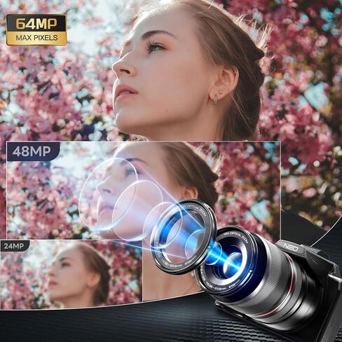 كاميرات رقمية NBD 8K للتصوير الفوتوغرافي، وكاميرات تسجيل فيديو بدقة 64 ميجابكسل، ونقطة سفر زووم بصري 16X وكاميرات رقمية Fotograficas مع شاشة قلاب 180 درجة، وحذاء ساخن، وبطاريتين، وبطاقة 32 جيجابايت (أسود) in Kuwait