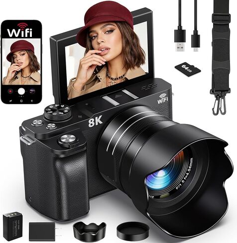كاميرا رقمية واي فاي - كاميرات 8K 88 ميجابكسل للتصوير الفوتوغرافي - كاميرا تسجيل فيديو بتكبير 18X لليوتيوب مع شاشة قلاب 3 بوصات 180 درجة - كاميرا فيديو بتركيز تلقائي فائق الدقة مع غطاء عدسة وبطاقة 64 جيجابايت in Kuwait