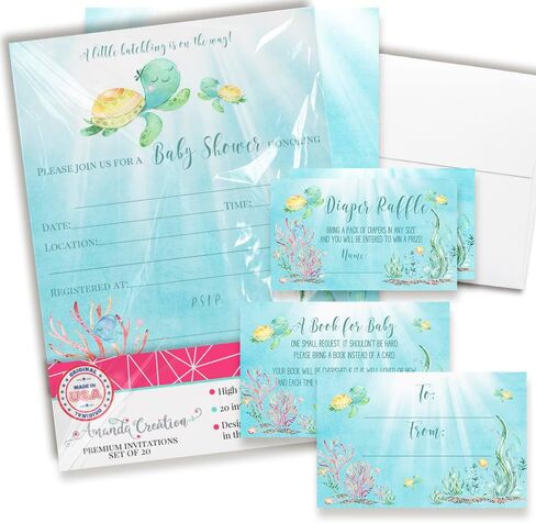 Baby Shower Invites Gender Neutral – Sea Turtle Baby Shower Invitation Bundle with Diaper Raffle Tickets, Book Request Cards & Envelopes. Set of 20 5X7 Complete Pack Under the Sea Kit Sets in Saudi Arabia