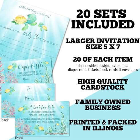 Baby Shower Invites Gender Neutral – Sea Turtle Baby Shower Invitation Bundle with Diaper Raffle Tickets, Book Request Cards & Envelopes. Set of 20 5X7 Complete Pack Under the Sea Kit Sets in Saudi Arabia
