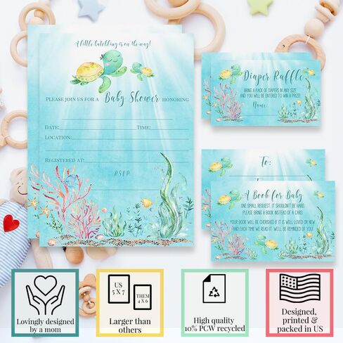 Baby Shower Invites Gender Neutral – Sea Turtle Baby Shower Invitation Bundle with Diaper Raffle Tickets, Book Request Cards & Envelopes. Set of 20 5X7 Complete Pack Under the Sea Kit Sets in Saudi Arabia