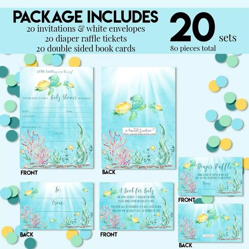 Baby Shower Invites Gender Neutral – Sea Turtle Baby Shower Invitation Bundle with Diaper Raffle Tickets, Book Request Cards & Envelopes. Set of 20 5X7 Complete Pack Under the Sea Kit Sets in Saudi Arabia