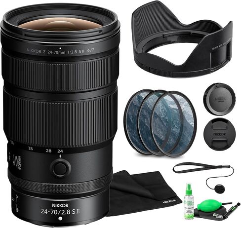 عدسة Nikon NIKKOR Z مقاس 24–70 مم f/2.8 S II عدسة Z Mount ذات فتحة ثابتة وتكبير قياسي وبصريات متقدمة وحزمة تركيز بؤري تلقائي سريع مع مجموعة مرشح عدسة والمزيد (مجموعة مكونة من 4 قطع) in Kuwait