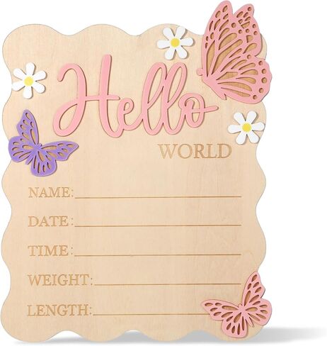 Baby Arrival Sign, Newborn Announcement Sign, Wooden Hello World Newborn Signs Pink Butterfly Baby Birth Announcement Signs for Hospital Nursery Photo Prop Decorations in Kuwait