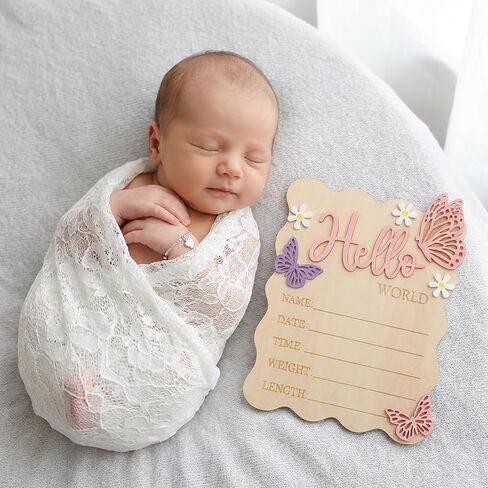 Baby Arrival Sign, Newborn Announcement Sign, Wooden Hello World Newborn Signs Pink Butterfly Baby Birth Announcement Signs for Hospital Nursery Photo Prop Decorations in Kuwait