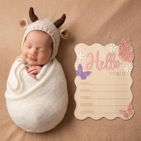 Baby Arrival Sign, Newborn Announcement Sign, Wooden Hello World Newborn Signs Pink Butterfly Baby Birth Announcement Signs for Hospital Nursery Photo Prop Decorations in Kuwait