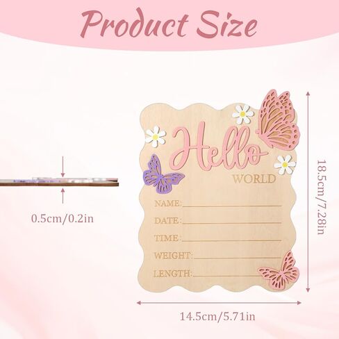 Baby Arrival Sign, Newborn Announcement Sign, Wooden Hello World Newborn Signs Pink Butterfly Baby Birth Announcement Signs for Hospital Nursery Photo Prop Decorations in Kuwait