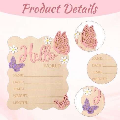 Baby Arrival Sign, Newborn Announcement Sign, Wooden Hello World Newborn Signs Pink Butterfly Baby Birth Announcement Signs for Hospital Nursery Photo Prop Decorations in Kuwait
