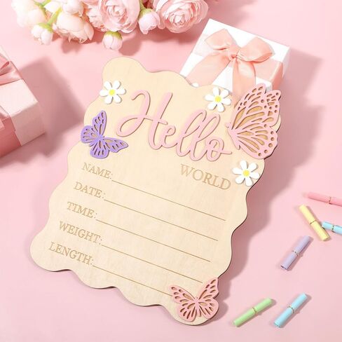 Baby Arrival Sign, Newborn Announcement Sign, Wooden Hello World Newborn Signs Pink Butterfly Baby Birth Announcement Signs for Hospital Nursery Photo Prop Decorations in Kuwait