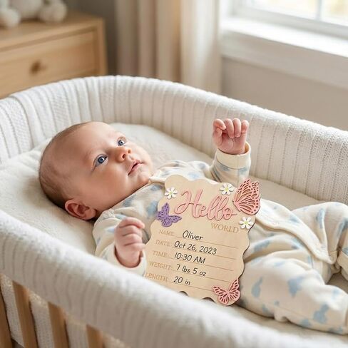 Baby Arrival Sign, Newborn Announcement Sign, Wooden Hello World Newborn Signs Pink Butterfly Baby Birth Announcement Signs for Hospital Nursery Photo Prop Decorations in Kuwait