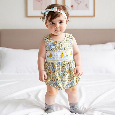 Baby Girl Floral Bubble Romper with Duck Embroidery Sleeveless Smocked Bodysuit Farm Animal Summer Outfit in Saudi Arabia