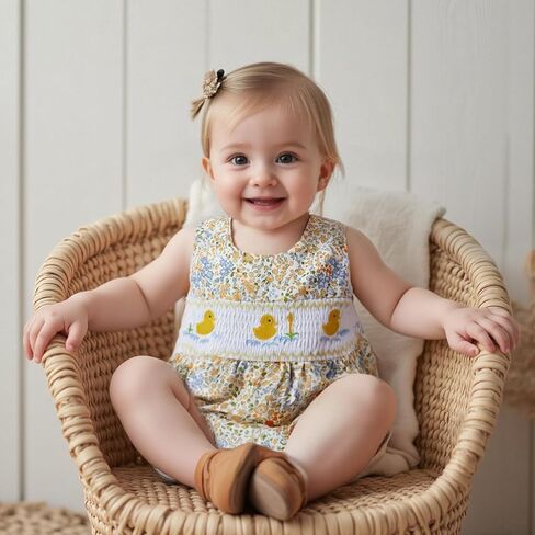 Baby Girl Floral Bubble Romper with Duck Embroidery Sleeveless Smocked Bodysuit Farm Animal Summer Outfit in Saudi Arabia