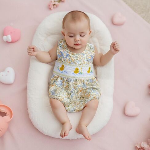 Baby Girl Floral Bubble Romper with Duck Embroidery Sleeveless Smocked Bodysuit Farm Animal Summer Outfit in Saudi Arabia