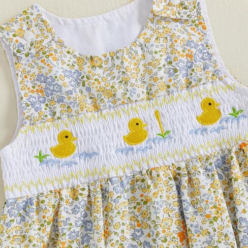 Baby Girl Floral Bubble Romper with Duck Embroidery Sleeveless Smocked Bodysuit Farm Animal Summer Outfit in Saudi Arabia